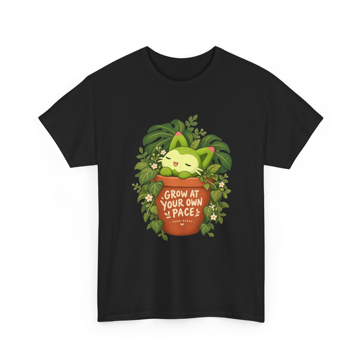 Meevy grass type tee in white, back view – Meevy Jungle Pot design, official Roco Kingdom merch