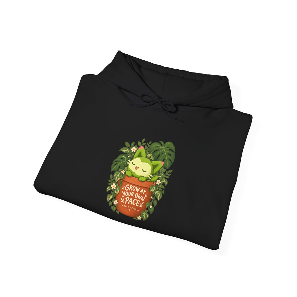 Team Meevy hoodie in black, folded – Meevy Grow at Your Own Pace design, official Roco Kingdom merch