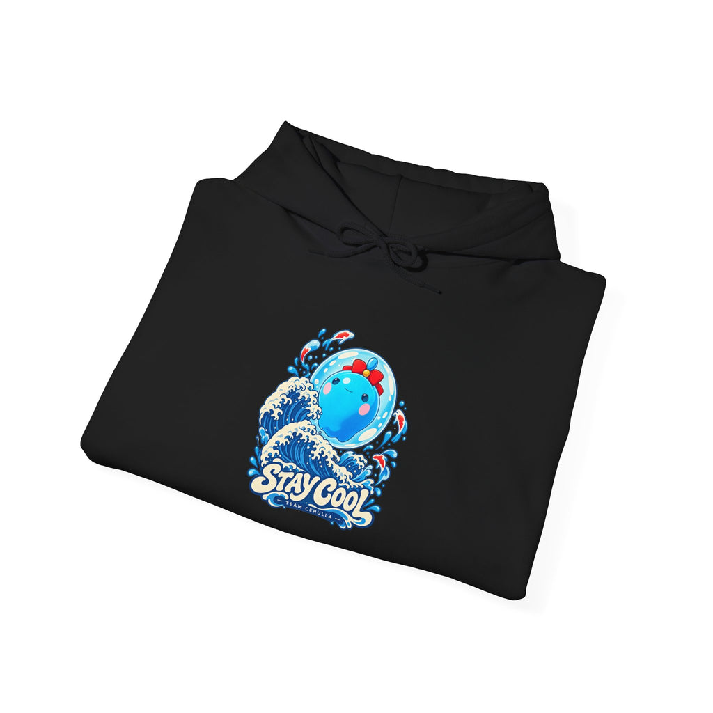 Roco Kingdom water type hoodie in black, folded – Cerulla Big Wave design, official Roco Kingdom merch