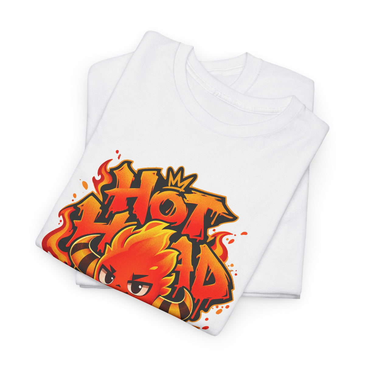 Roco Kingdom fire type shirt in white, folded – Sparka Hot Head Graffiti design, official Roco Kingdom merch