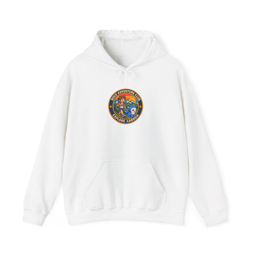 Roco trainer hoodie in white, front view – Roco Adventure Club design, official Roco Kingdom merch