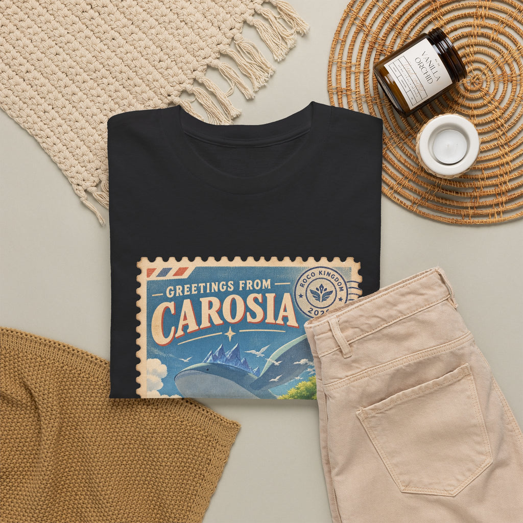 Carosia postcard tee in black, folded – Carosia Postcard design, official Roco Kingdom merch