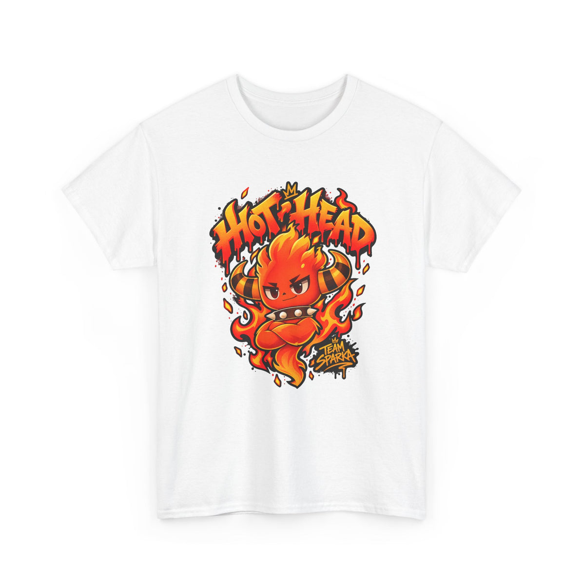 Team Sparka shirt in white, front view – Sparka Hot Head design, official Roco Kingdom merch