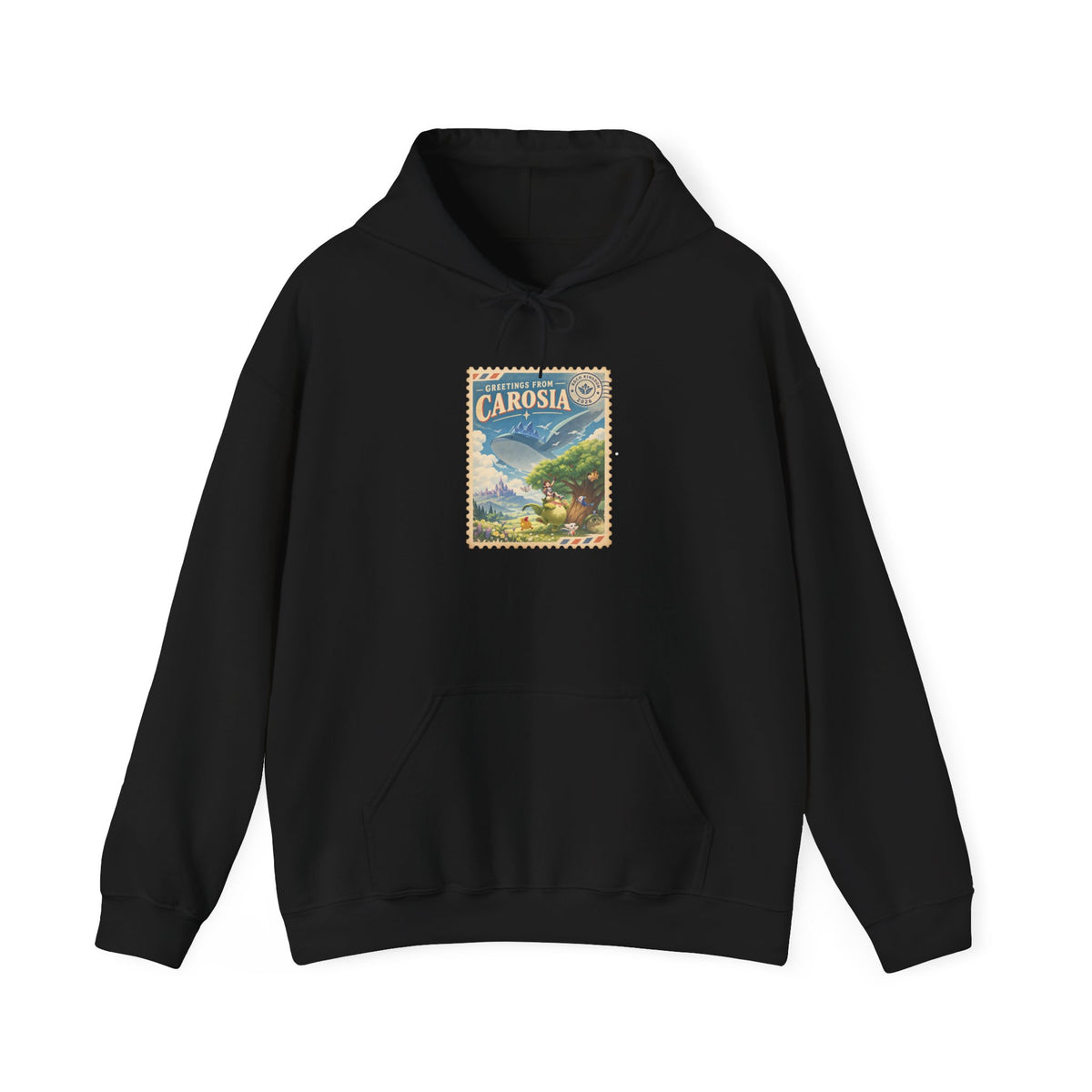 Carosia postcard hoodie in white, back view – Carosia Postcard design, official Roco Kingdom merch