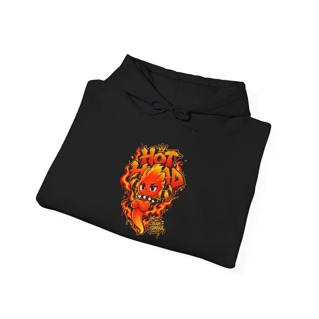 Sparka fire type hoodie in black, folded – Sparka Hot Head Graffiti design, official Roco Kingdom merch