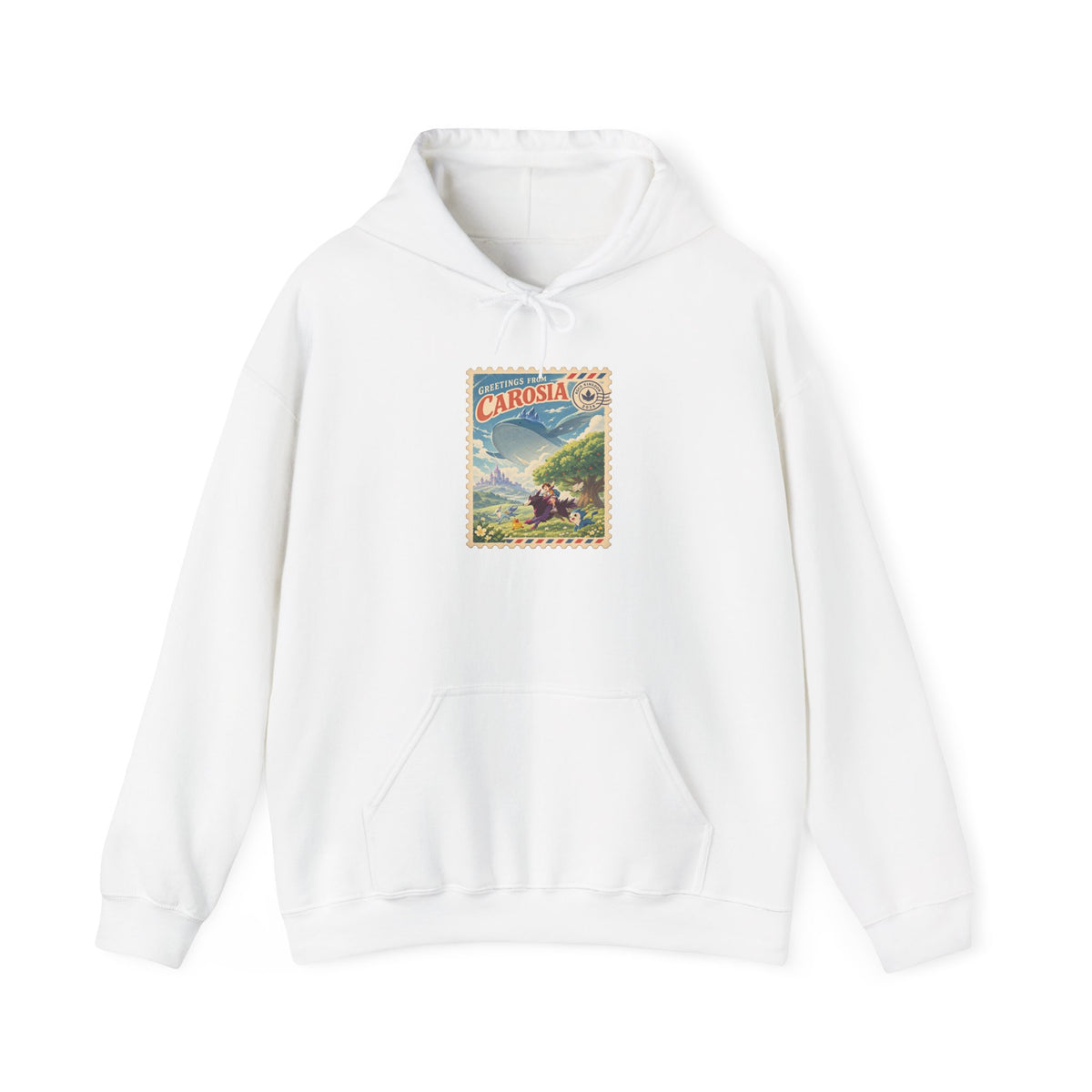Carosia stamp hoodie in white, front view – Greetings from Carosia Stamp design, official Roco Kingdom merch