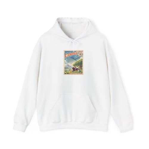 Carosia stamp hoodie in white, front view – Greetings from Carosia Stamp design, official Roco Kingdom merch