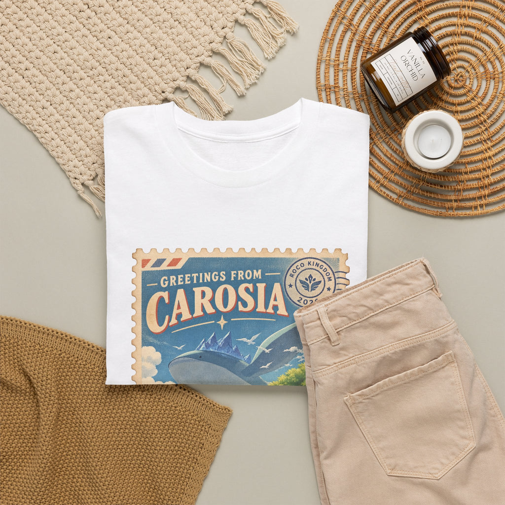Carosia postcard tee in black, front view – Carosia Postcard design, official Roco Kingdom merch