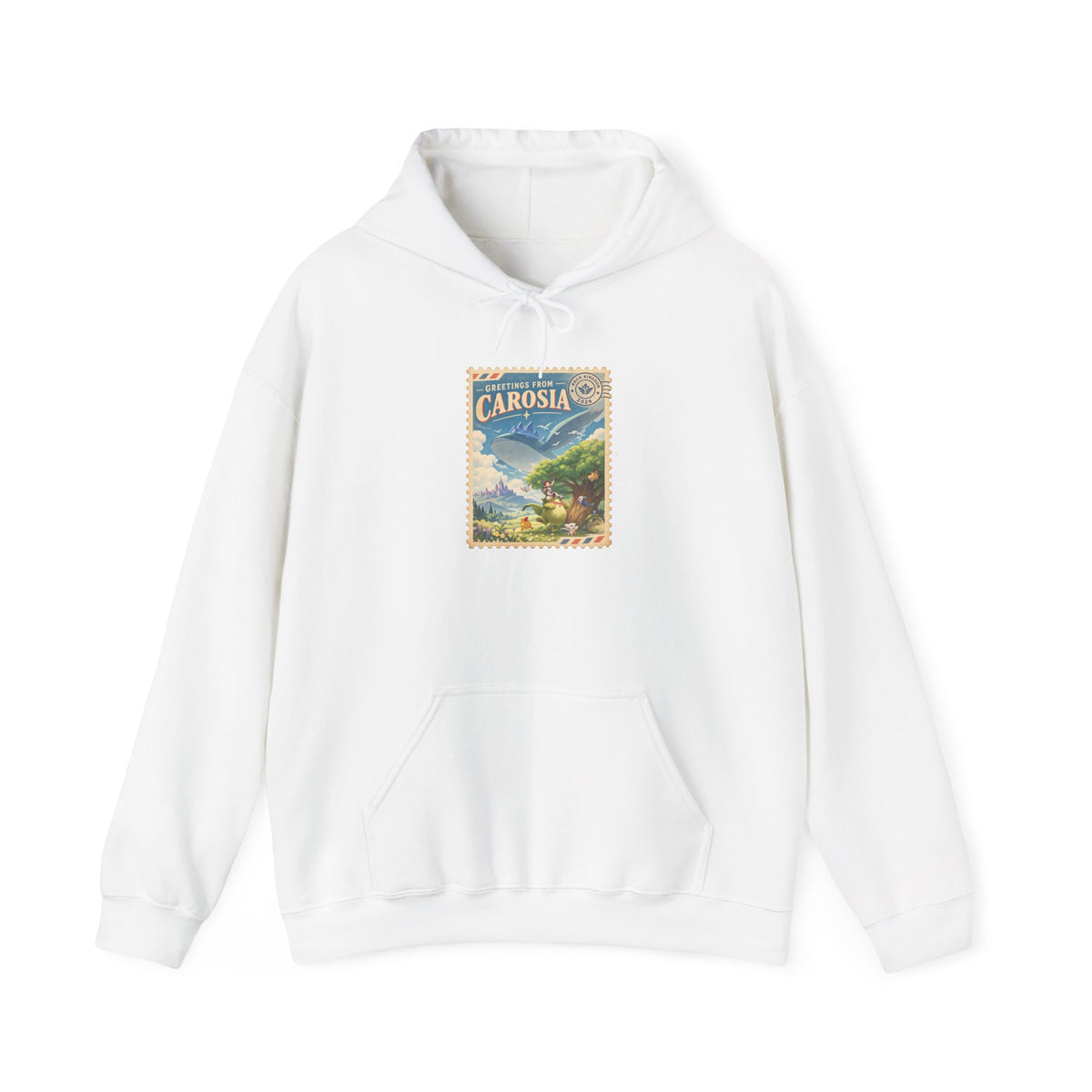 Carosia postcard hoodie in white, front view – Carosia Postcard design, official Roco Kingdom merch
