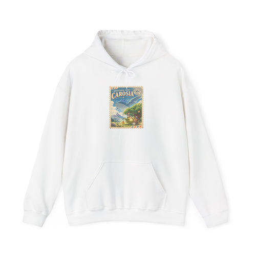 Carosia postcard hoodie in white, front view – Carosia Postcard design, official Roco Kingdom merch
