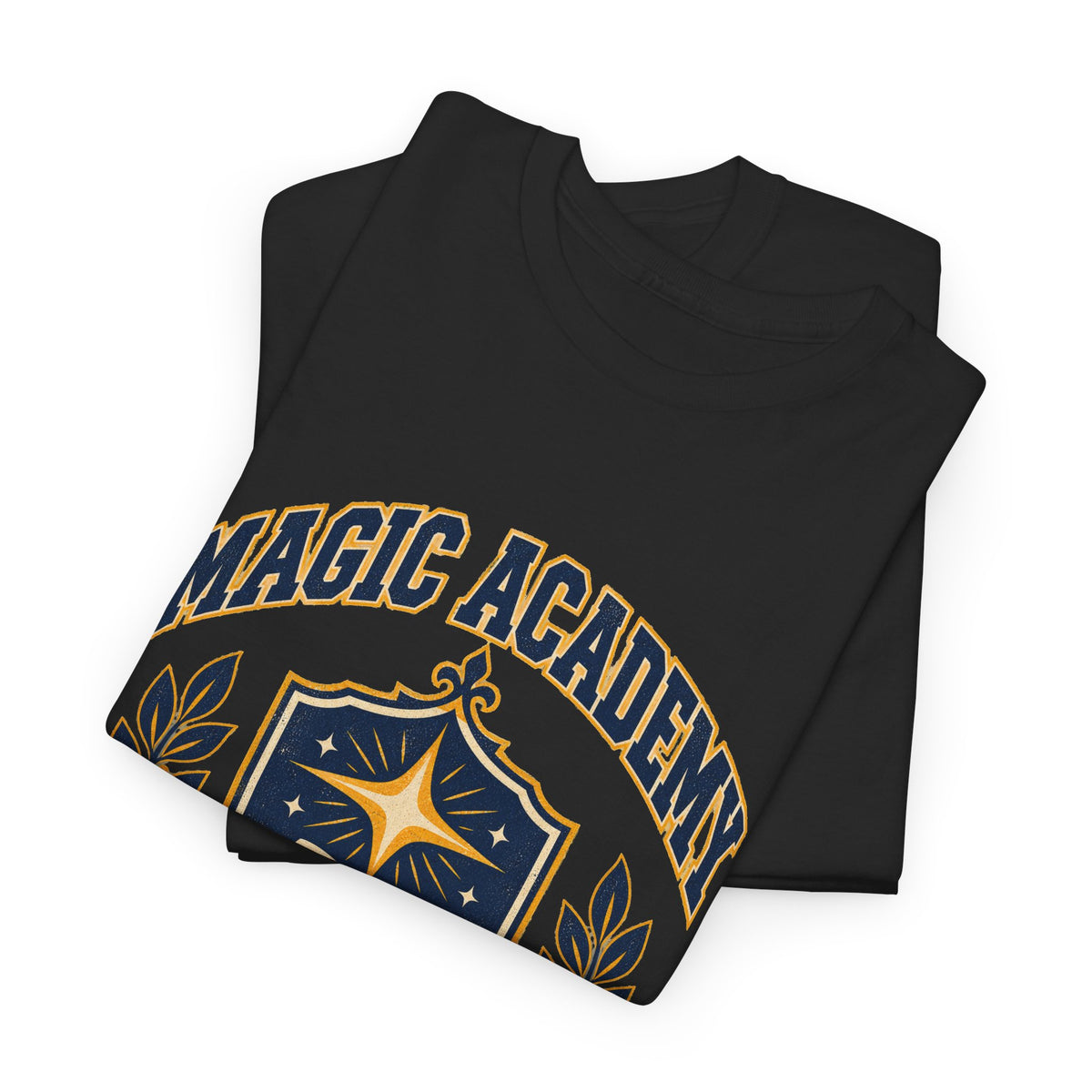 Magic Academy varsity tee in black, folded – Magic Academy Varsity design, official Roco Kingdom merch