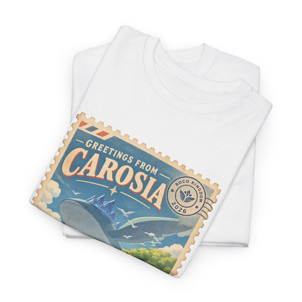 Carosia postcard tee in white, folded – Carosia Postcard design, official Roco Kingdom merch