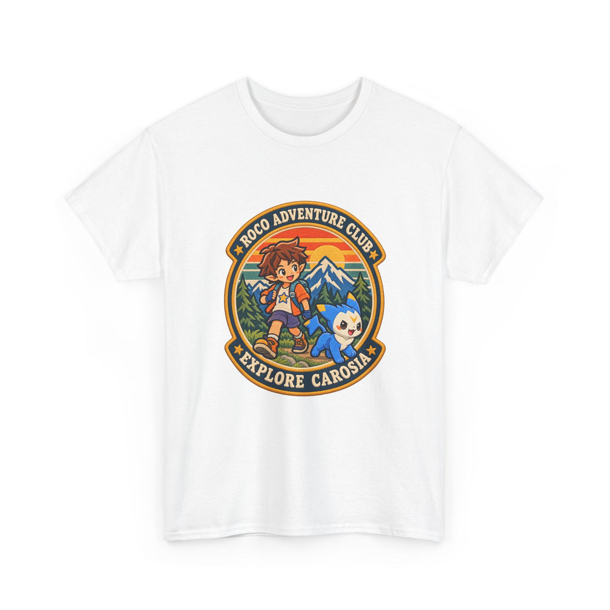 Explore Carosia tee in white, front view – Explore Carosia Badge design, official Roco Kingdom merch