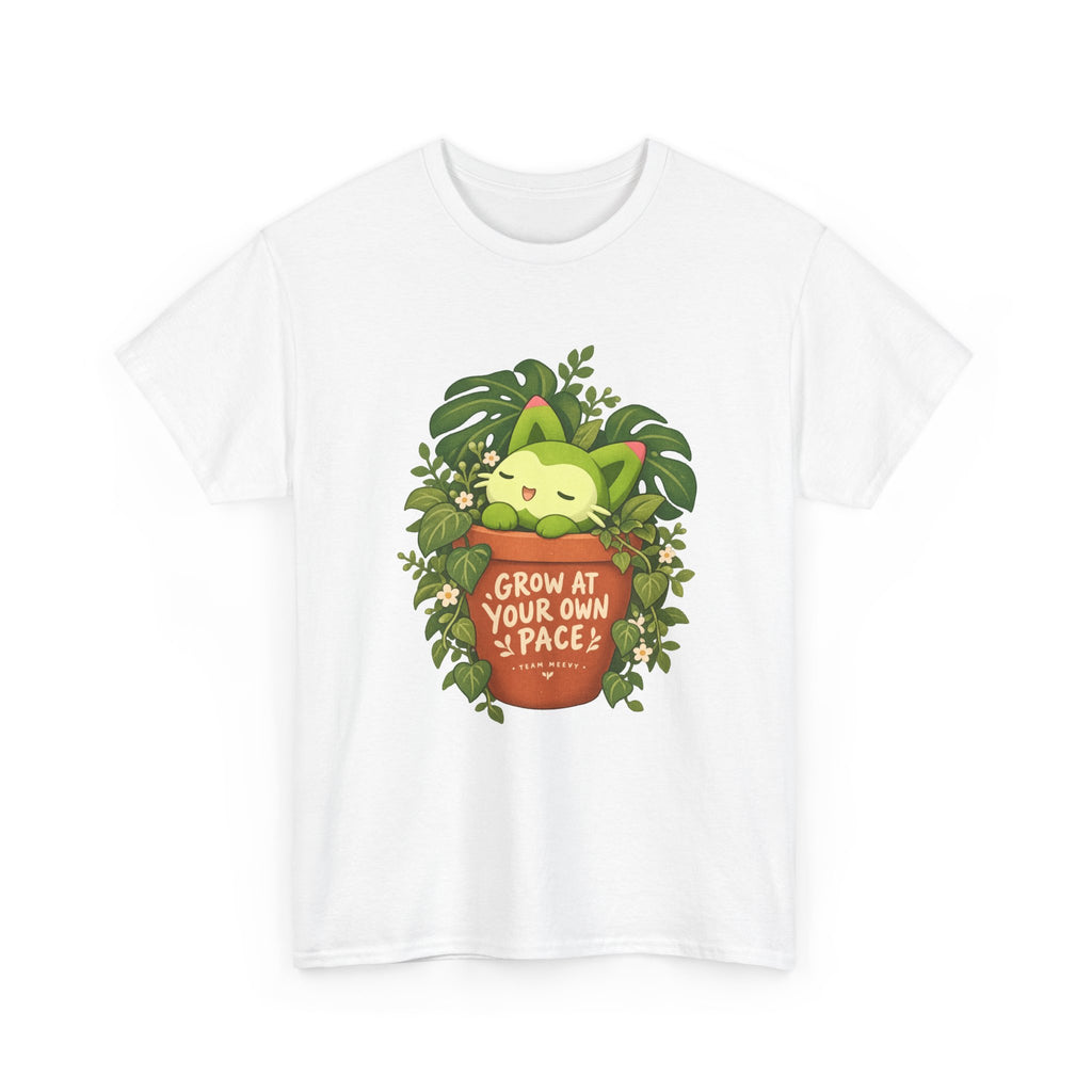 Meevy grass type tee in white, front view – Meevy Jungle Pot design, official Roco Kingdom merch