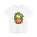 Meevy grass type tee in white, front view – Meevy Jungle Pot design, official Roco Kingdom merch