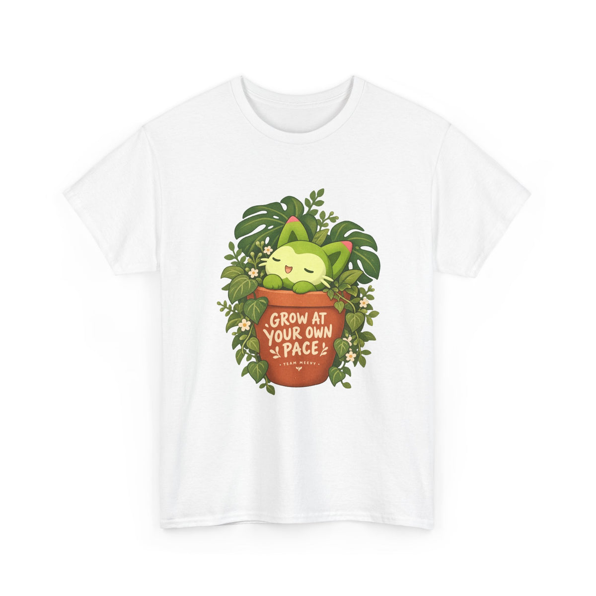 Meevy grass type tee in white, front view – Meevy Jungle Pot design, official Roco Kingdom merch
