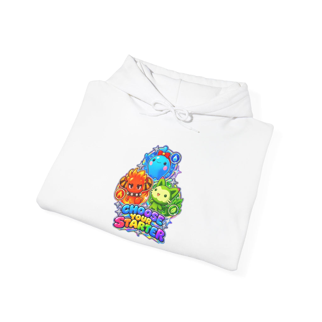 Holo starters hoodie in black, front view – Choose Your Starter Holo design, official Roco Kingdom merch