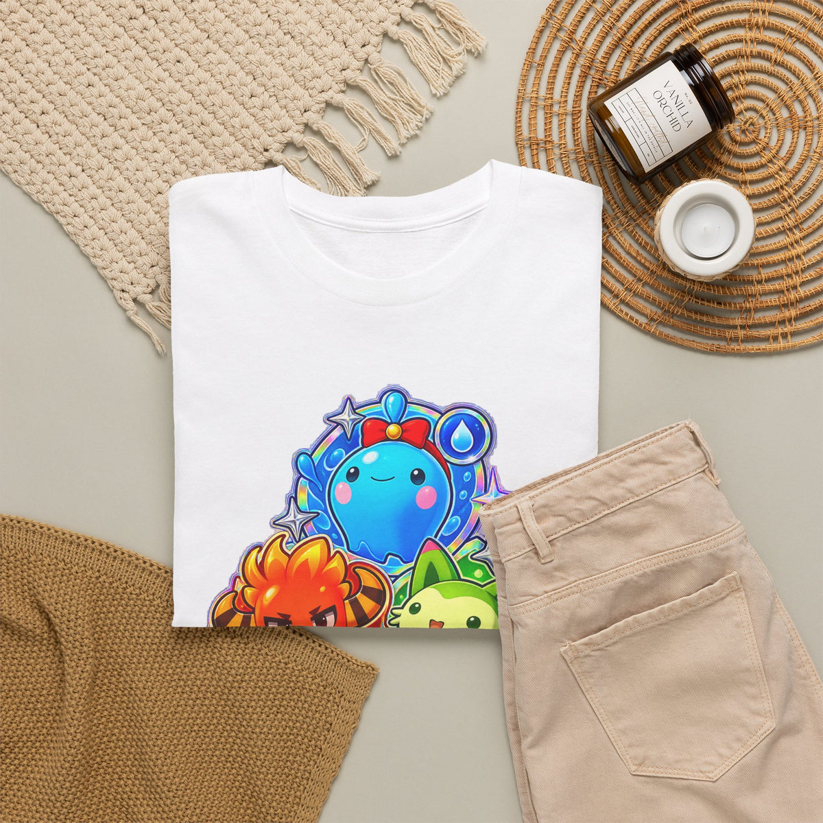 Holo starters tee in black, front view – Choose Your Starter Holo design, official Roco Kingdom merch