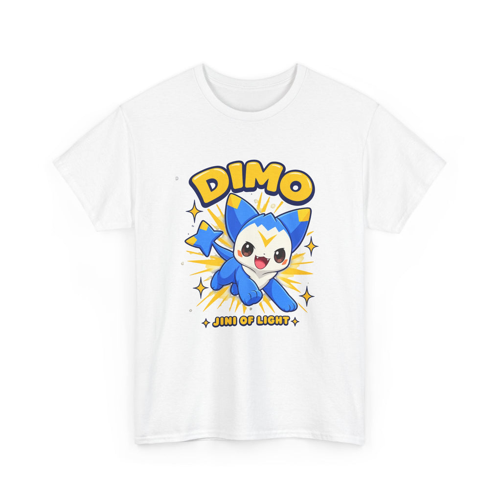 Dimo shirt in white, front view – Dimo Light Burst design, official Roco Kingdom merch