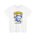 Dimo shirt in white, front view – Dimo Light Burst design, official Roco Kingdom merch