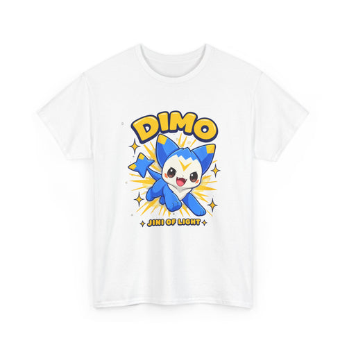 Dimo shirt in white, front view – Dimo Light Burst design, official Roco Kingdom merch