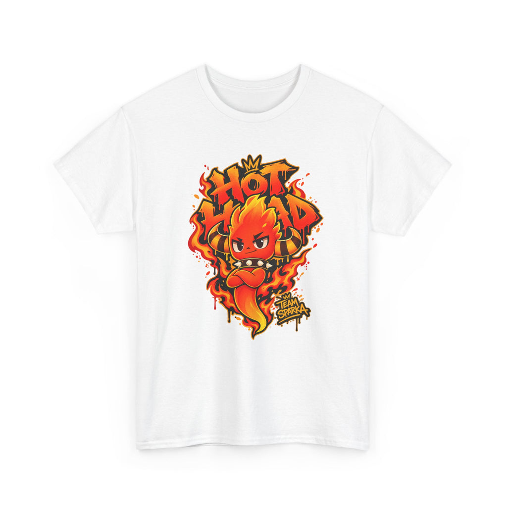 Roco Kingdom fire type shirt in white, front view – Sparka Hot Head Graffiti design, official Roco Kingdom merch