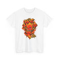Roco Kingdom fire type shirt in white, front view – Sparka Hot Head Graffiti design, official Roco Kingdom merch