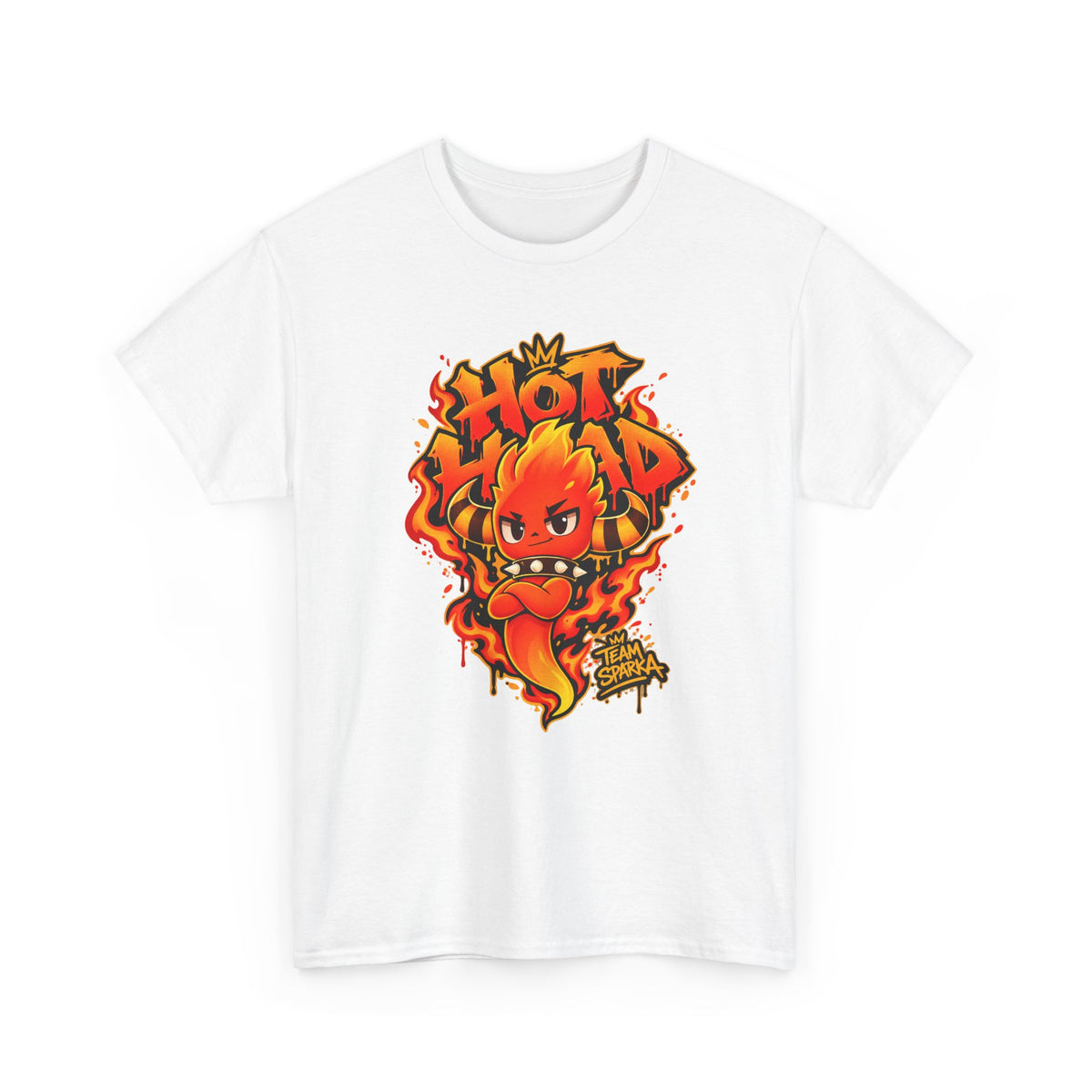 Roco Kingdom fire type shirt in white, front view – Sparka Hot Head Graffiti design, official Roco Kingdom merch