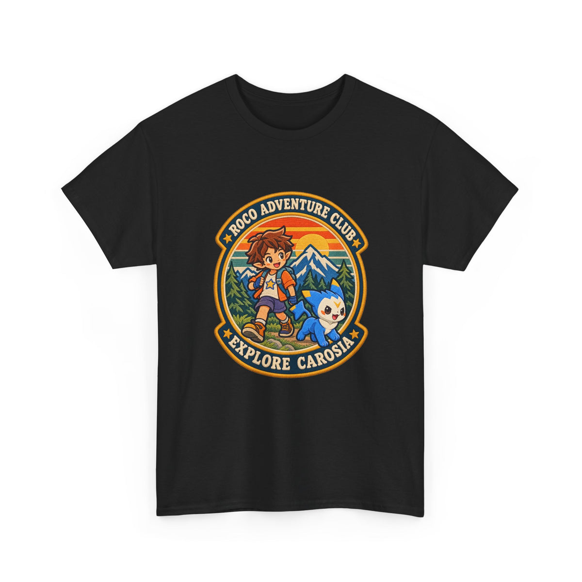 Explore Carosia tee in white, back view – Explore Carosia Badge design, official Roco Kingdom merch