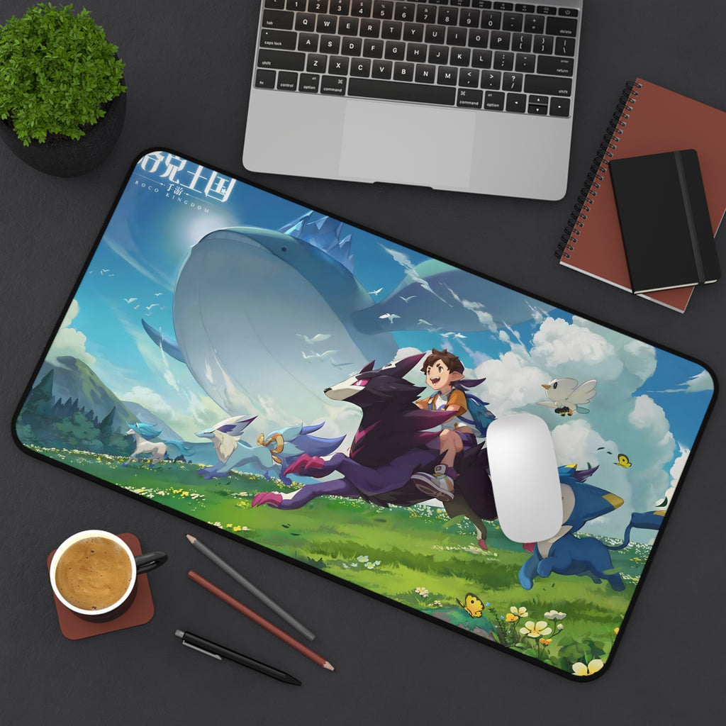 Roco Kingdom key art desk mat, close-up – Sky Whale & Demon Wolf design, official Roco Kingdom merch