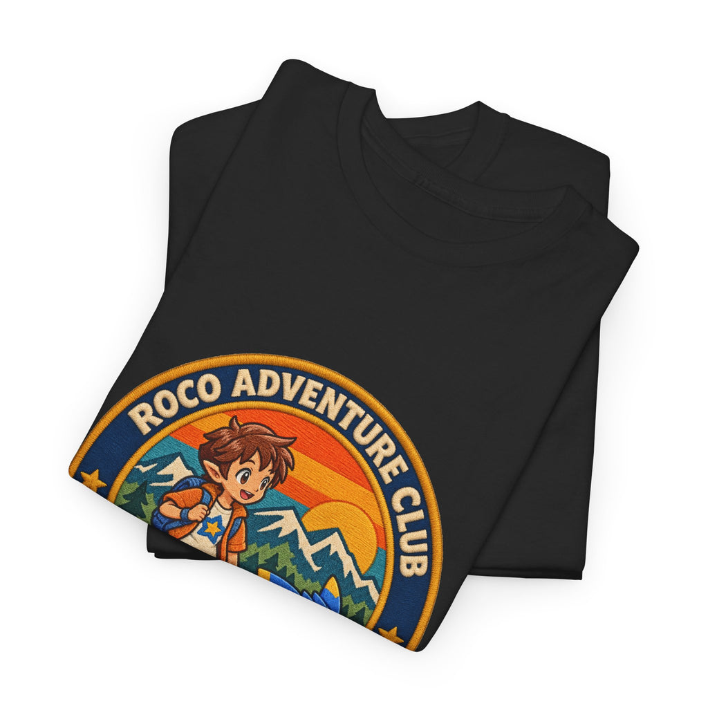 Roco trainer shirt in black, folded – Roco Adventure Club design, official Roco Kingdom merch
