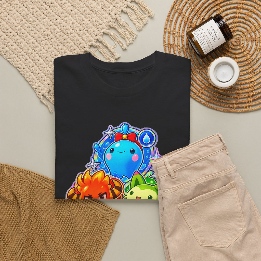 Holo starters tee in black, folded – Choose Your Starter Holo design, official Roco Kingdom merch