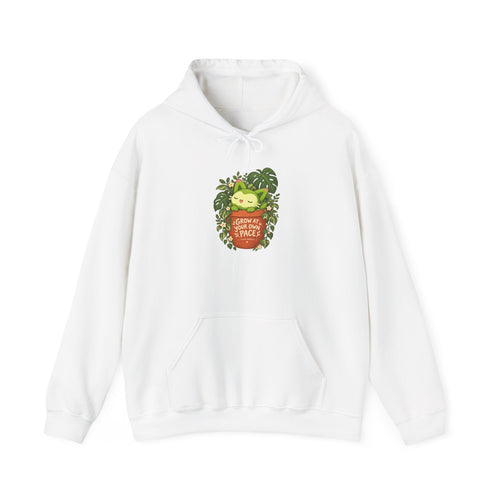 Team Meevy hoodie in white, front view – Meevy Grow at Your Own Pace design, official Roco Kingdom merch