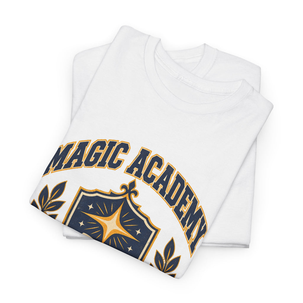 Magic Academy varsity tee in white, folded – Magic Academy Varsity design, official Roco Kingdom merch