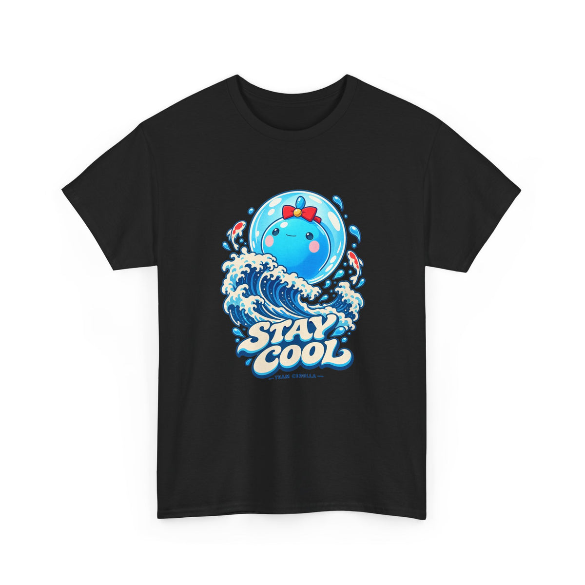 Team Cerulla shirt in white, back view – Cerulla Stay Cool design, official Roco Kingdom merch