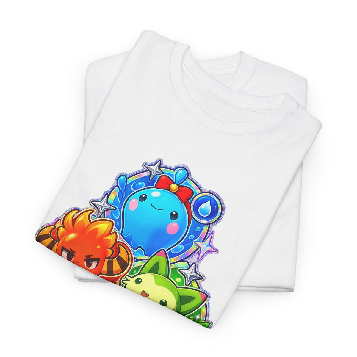 Holo starters tee in white, folded – Choose Your Starter Holo design, official Roco Kingdom merch