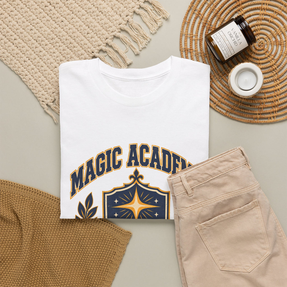 Magic Academy varsity tee in black, front view – Magic Academy Varsity design, official Roco Kingdom merch