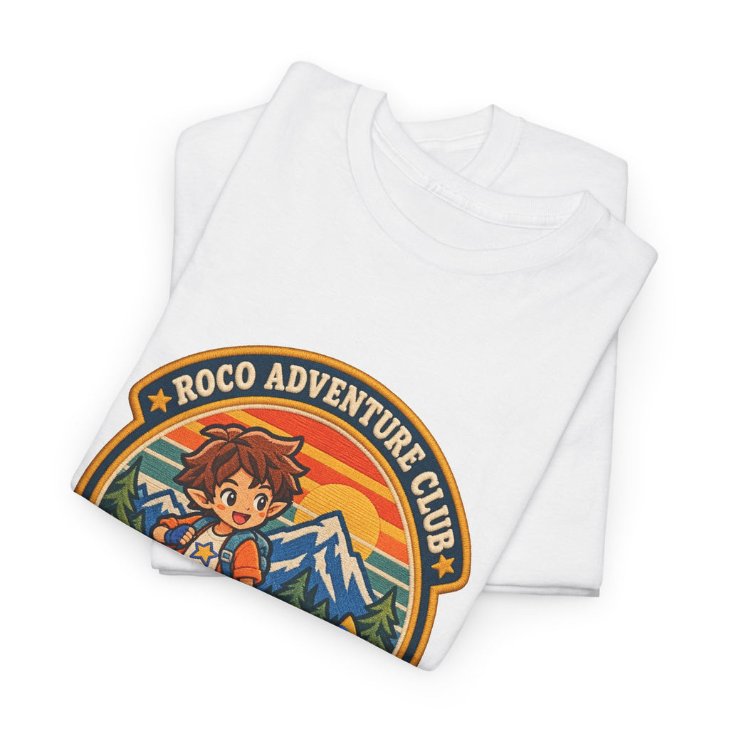 Explore Carosia tee in white, folded – Explore Carosia Badge design, official Roco Kingdom merch