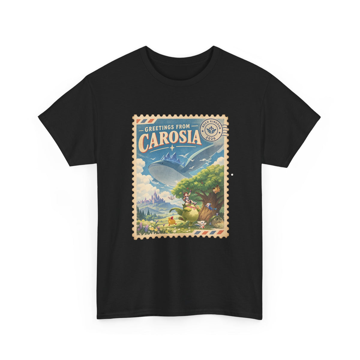 Carosia postcard tee in white, back view – Carosia Postcard design, official Roco Kingdom merch