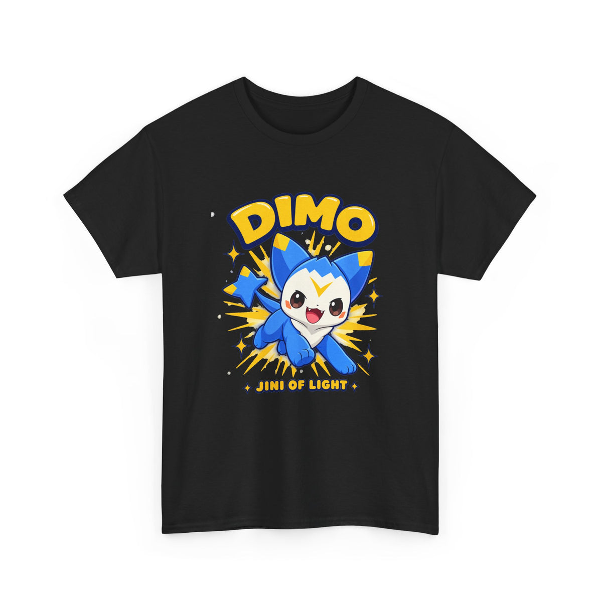Dimo shirt in white, back view – Dimo Light Burst design, official Roco Kingdom merch