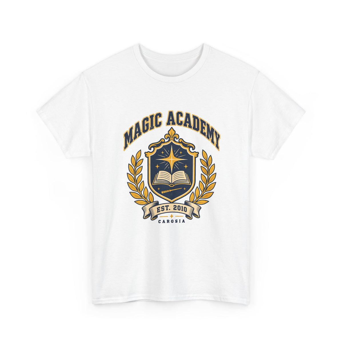 Magic Academy shirt in white, front view – Magic Academy Crest design, official Roco Kingdom merch