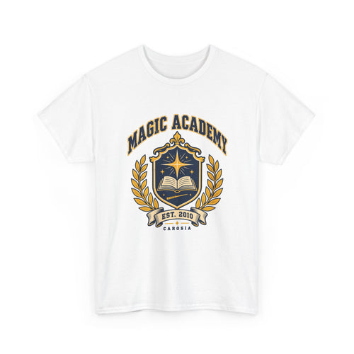 Magic Academy shirt in white, front view – Magic Academy Crest design, official Roco Kingdom merch