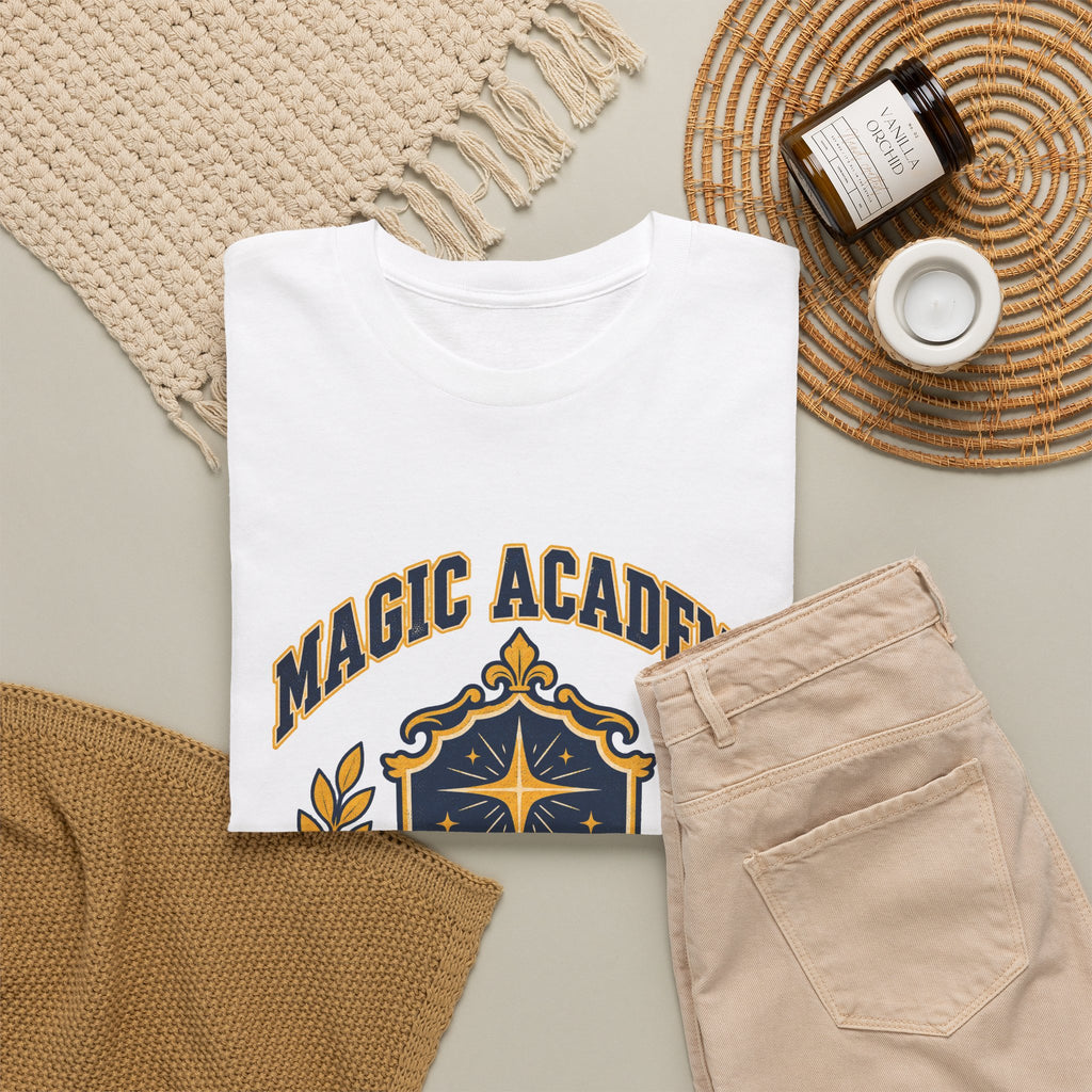 Magic Academy shirt in black, front view – Magic Academy Crest design, official Roco Kingdom merch