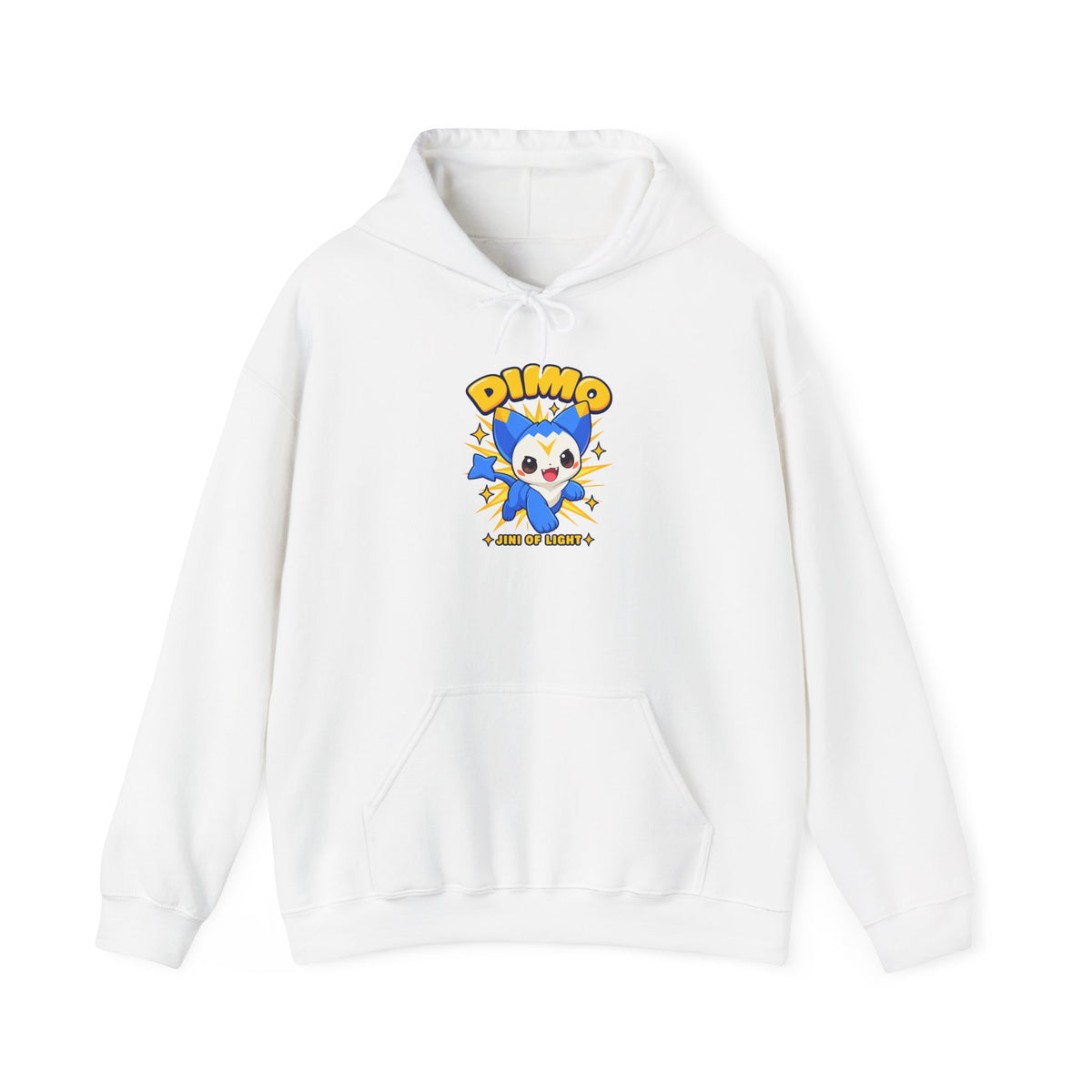 Dimo hoodie in white, front view – Dimo Jini of Light design, official Roco Kingdom merch