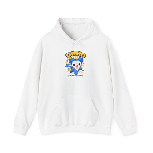 Dimo hoodie in white, front view – Dimo Jini of Light design, official Roco Kingdom merch