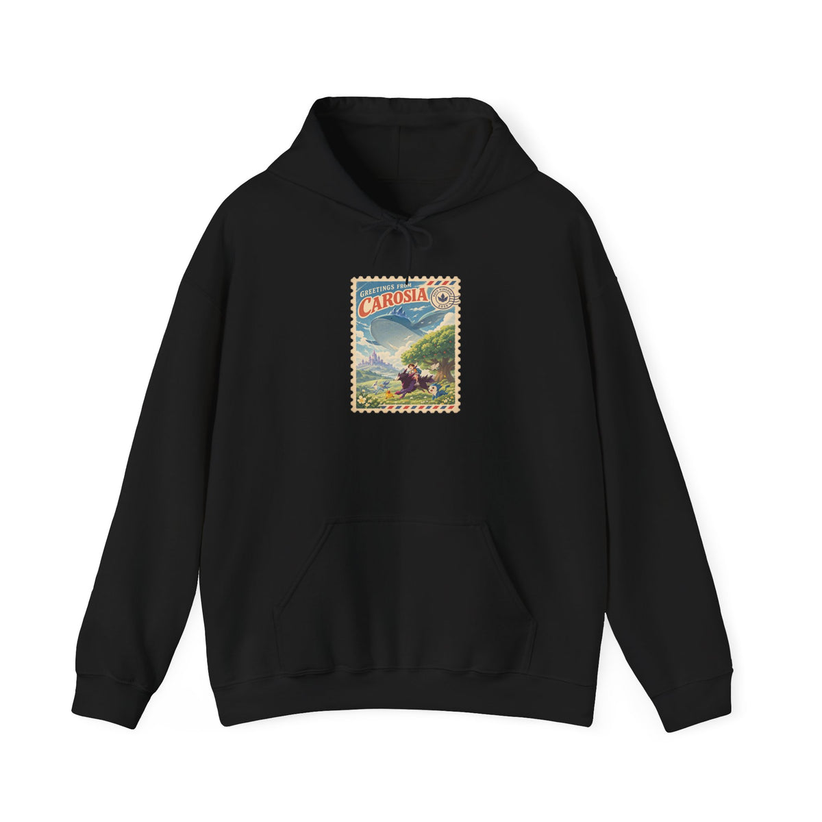 Carosia stamp hoodie in white, back view – Greetings from Carosia Stamp design, official Roco Kingdom merch