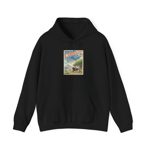 Carosia stamp hoodie in white, back view – Greetings from Carosia Stamp design, official Roco Kingdom merch
