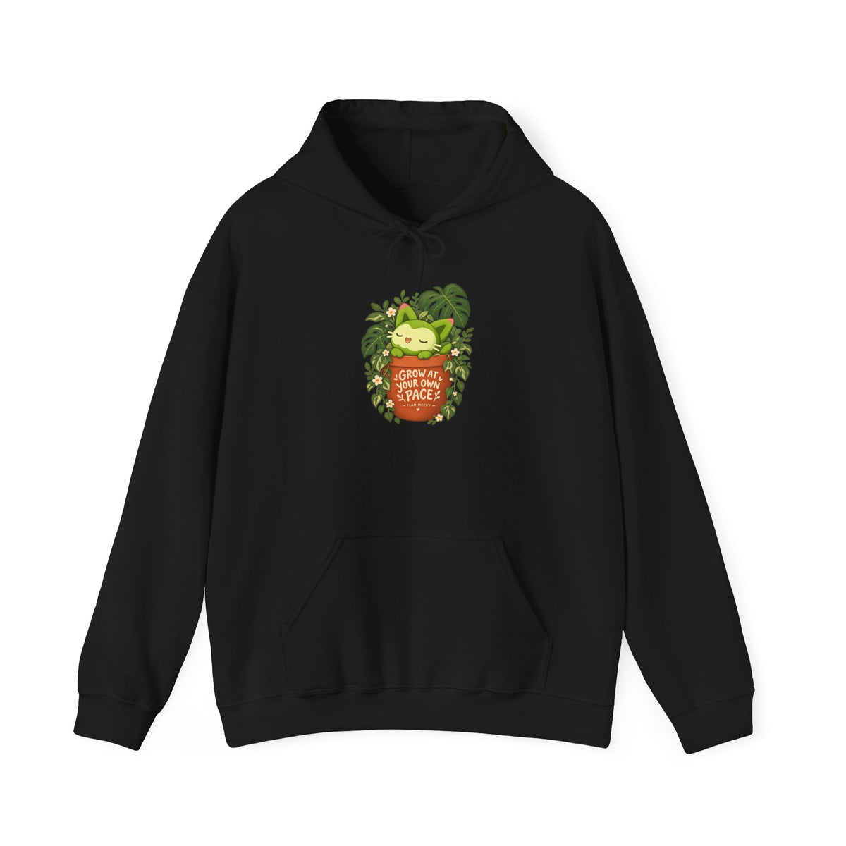 Team Meevy hoodie in white, back view – Meevy Grow at Your Own Pace design, official Roco Kingdom merch