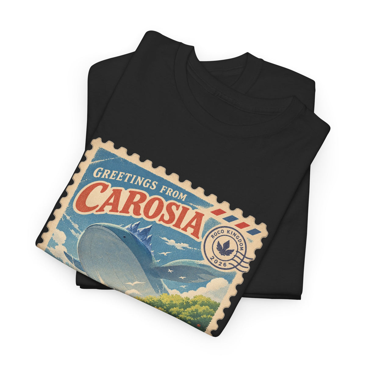 Carosia stamp shirt in black, folded – Greetings from Carosia Stamp design, official Roco Kingdom merch