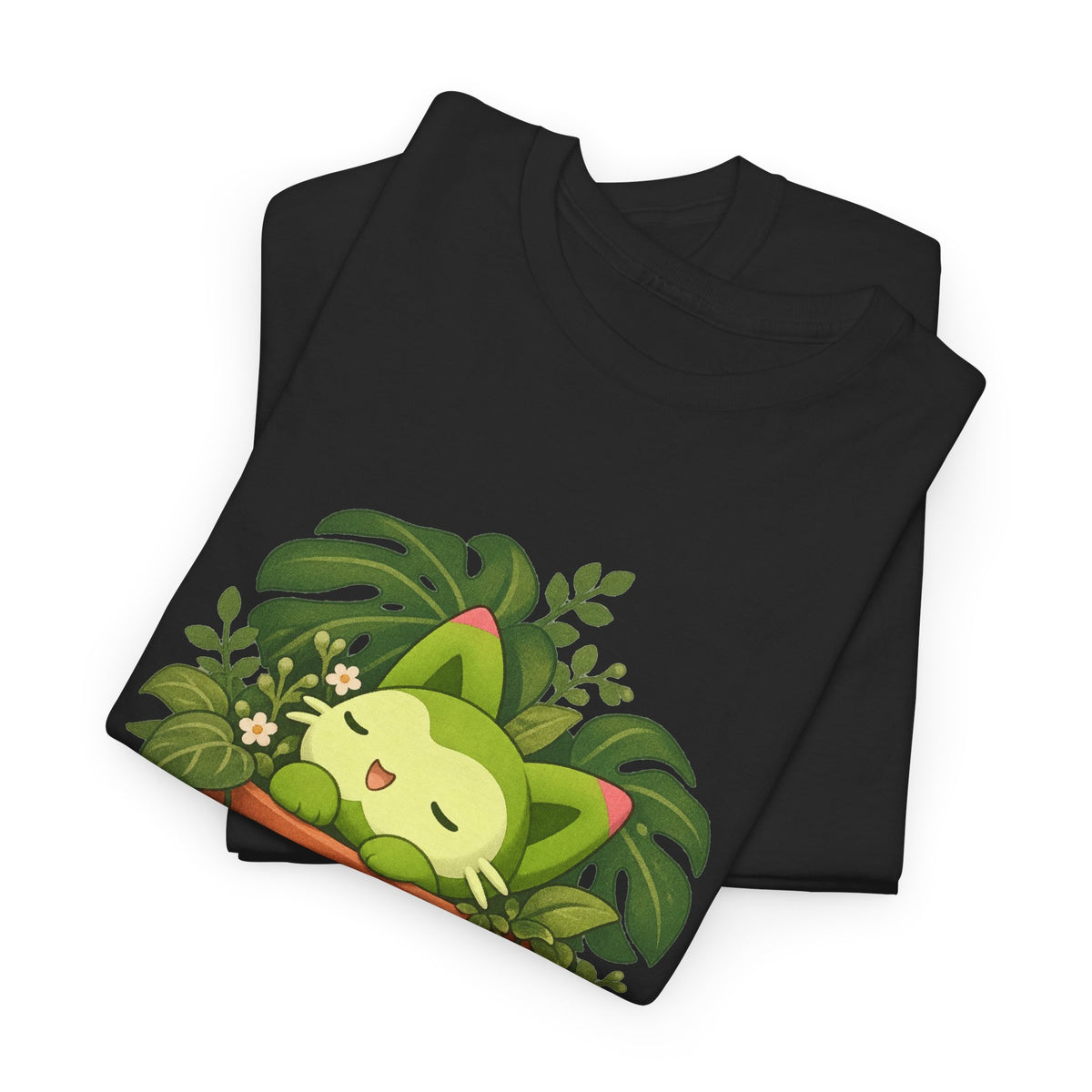 Meevy grass type tee in black, folded – Meevy Jungle Pot design, official Roco Kingdom merch